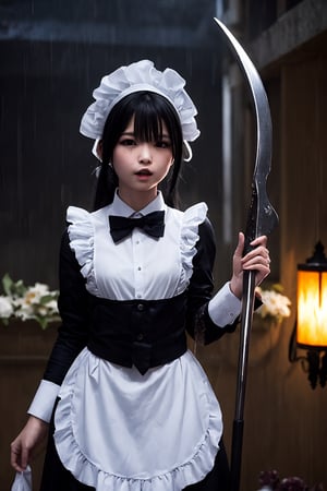 rain,death,1girl,reaper,weapon,night,EpicArt,maid cosplay,maid 