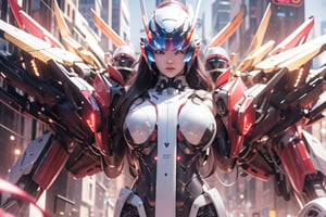 (masterpiece), science fiction, city, scenery, whole body, 1girl, long hair, ponytail, blond hair color, light blue eyes, mecha headgear, panoramic wide angle, Red sci-fi bodysuits color, on a TREADMILL, running,mecha,DonMC3l3st14l3xpl0r3rsXL