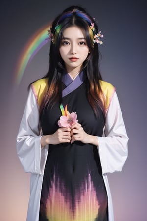  masterpiece,qingyi,danya,1girl,black hair,hanfu,(flower:1.5),realistic,hair ornament,chinese clothes,(Rainbow gradient colors dress:1.5),black eyes,long sleeves,holding,holding flower,,hanfu,,looking at viewer,(big breasts:1.79), Yunxiao_Fairy,Xhanfu