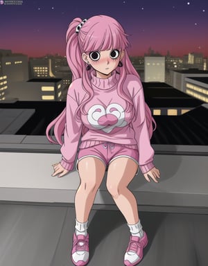 (masterpiece, highest quality, dusk, 8k, beautiful anime-style young girl poses on roof top of building, wearing pink sweater and pink hair, 1girl, solo, sweater, white footwear, sitting, shoes, long hair, shorts, jewelry, socks, earrings, pink shorts, looking at viewer, blush, night, long sleeves, sneakers, Perona