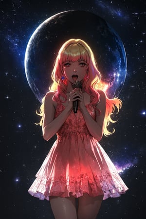 absurdres, (best quality), (masterpiece),(ultra-detailed:1.2),photorealistic, ultra high res, cowboy shot, 1girl, singing, Galaxy Diva, solo, microphone, dress, (fighter aircraft:1.1), space, sherly nome, multicolored hair, gradient hair, blonde hair, pink hair, long hair, neon, starry_sky