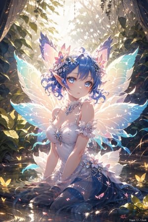 (masterpiece),(best quality),(ultra-detailed),(best illustration),(best shadow),(absurdres),(detailed background),(very aesthetic) absurdres, highres, (official art, beautiful and aesthetic:1.2), 1girl, blue hair, middle hair, blue eyes, shining eyes, flower background, flower effects, (spring garden:1.3), light effects, (fractal art:0.3), water effects, ripple effects, close view,fairy,butterfly_wings, dress