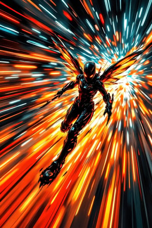 A photorealistic shot of an arch angel high-speed frying, with vivid light trail effects accentuating its rapid acceleration. Neon light trails follow the motion of her. creating a sense of speed and energy, while the background is slightly blurred to keep the focus on the arch angel's movement. RAW, High Speed, Hyperspeed, carbon, Dragon chase her, WildfireFury