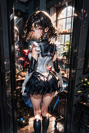 absurdres, (best quality), (masterpiece),(ultra-detailed:1.2),photorealistic,ultra high res, 1girl,full-length mirror,(through the mirror:1.1), sailor saturn,tiara, sailor senshi uniform, purple sailor collar, pleated skirt, elbow gloves, jewelry, brooch, choker,red bow, short hair,purple eyes,f (night:1.2), dark theme, Detail, from behind, looking at viewer, 