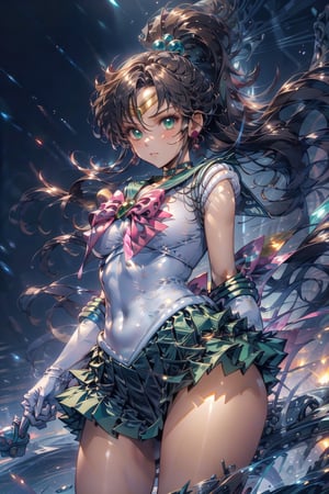 (best quality), (masterpiece),(ultra-detailed:1.2),(photorealistic:1.1),ultra high res, 1girl, standing, fighting stance, jagged glowing, Glittering, abstract background, jupiter_a, tiara, sailor senshi uniform, green skirt, green sailor collar, pink bow, knee boots, green choker, white elbow gloves, jewelry, earrings, poakl, empty hands, More Detail, illuminated by bolts of lightning, cuts through the stormy atmosphere.