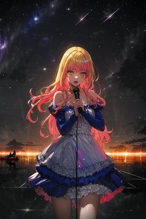 absurdres, (best quality), (masterpiece),(ultra-detailed:1.2),photorealistic, ultra high res, cowboy shot, 1girl, singing, Galaxy Diva, solo, microphone, dress, (fighter aircraft:1.1), space, sherly nome, multicolored hair, gradient hair, blonde hair, pink hair, long hair, neon, starry_sky