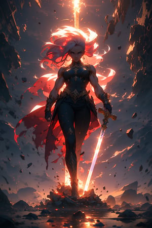 (masterpiece, best quality, 8k, RAW photo, beautiful and aesthetic:1.2), complex detail, Indirect light, 1girl, solo, female action poses, holding sword, ground, r1ge, glowing, dark aura, flying debris, floating hair, 1girl, muscular,