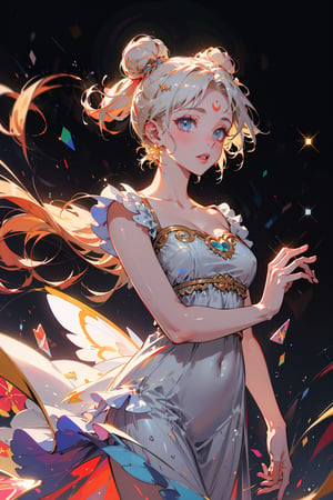 absurdres, (best quality), (masterpiece),(ultra-detailed:1.2),(photorealistic:1.1),ultra high res, wings, silhouette ,kaleidoscope,polka dot,Stained glass,(wind:1.2) ,moon,  holographic, palace,hologram,princessserenity, blonde hair, hair ornament, forehead mark, earrings, white dress, white hair, glowingdust, bokeh, mature female