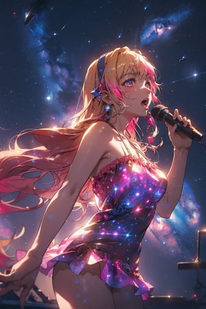 absurdres, (best quality), (masterpiece),(ultra-detailed:1.2), photorealistic, ultra high res, cowboy shot, 1girl, singing, Galaxy Diva, solo, microphone, dress, space, sherly nome, multicolored hair, gradient hair, blonde hair, pink hair, long hair, neon, starry_sky, Milky Way