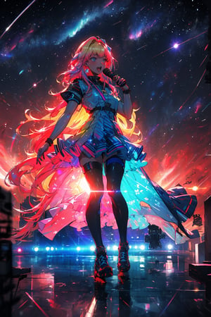 absurdres, (best quality), (masterpiece),(ultra-detailed:1.2),photorealistic, ultra high res, cowboy shot, 1girl, singing, Galaxy Diva, solo, microphone, dress, (fighter aircraft:1.1), space, sherly nome, multicolored hair, gradient hair, blonde hair, pink hair, long hair, neon, starry_sky