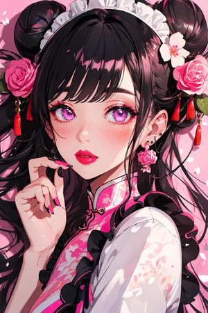 masterpiece,ultra-detailed,best quality,8K,illustration,cute face,clean skin ,shiny hair,girl, jyojifuku, china maid, apron, frills, double bun,, rose, earrings, jewelry, nail polish, pink rose, lying, pink flower, lipstick, blush