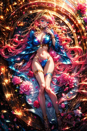 (masterpiece),(best quality),(ultra-detailed),(best illustration),(best shadow),(absurdres),(detailed background),(very aesthetic), sheryl nome, 1girl, solo, long hair, flower, blue eyes, blonde hair, rose, earrings, jewelry, nail polish, pink rose, lying, pink flower, lipstick, blush, 2legs, 5 fingers, multicolored hair, pink hair, gradient hair