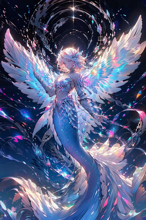 8k, Fluffy White Angel male perched upon golden bejeweled tower in a heavenly utopian city, huge feathery angel wings, glowing nebula eyes, white flowing clouds, ivory armor with diamond gem inlay, trending on artstation, sharp focus, studio photo, intricate details, highly detailed, mermaid,midjourney