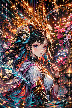 absurdres, highres, (official art, beautiful and aesthetic:1.2), 1girl, blue hair, middle hair, blue eyes, shining eyes, flower background, flower effects, (spring garden:1.3), light effects, (fractal art:0.3), water effects, ripple effects, close view,