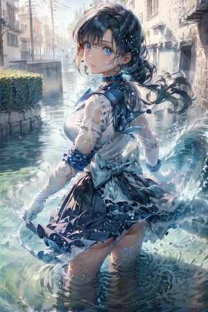 absurdres, (best quality), (masterpiece),(ultra-detailed:1.2),(photorealistic:1.1),ultra high res,(front:1.2), cowboy shot, 1girl, standing,harp, splashing, bubble, Glittering, (water:1.3),(swirling:1.2) ,turbulence ,ripples,zentangle,fog, liquid clothes,mercury_a,tiara, sailor senshi uniform, blue skirt, blue sailor collar, bow, knee boots, blue choker, white elbow gloves, jewelry, earrings, water splash, water reflection, clear water swirling around, from behind, curvy body, haifeisi