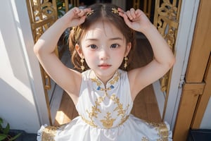 Envision a cute little girl, with blonde hair, blue eyes, ((kiss pose)), wearing 2 golden star earrings, white clothes, cheongsam with golden thread embroidery, steel chestpad, holding a face mask with the right hand, symmetrical, looking up, ((adorable expression)), full body, hair strand, Fair skin, glistening, 2 side braids, best quality, masterpiece, sharp focus, super detailed, 8k, high angle photo, close up, high contrast, (((tween, preteen, 7-year-old, 4k))), AIDA_LoRA_AnC, ((looking up her clothes)), 