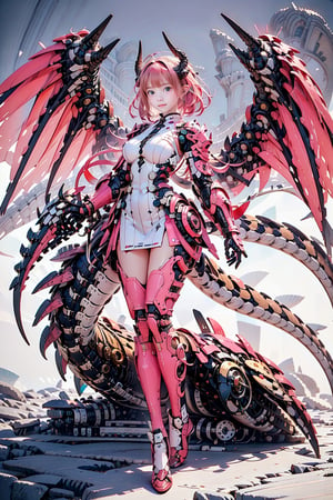 1girl, solo, big eyes, beautiful korean girl, big breasts, looking at viewer, short hair, dress, medium breasts, tail, laughing smiling facial, full body, pink hair, ahoge, wings, horns, pink eyes, bodysuit, pink dress, dragon tail, mecha musume, mechanical wings, mechanical tail
