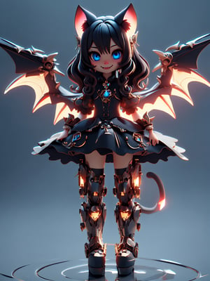chibi, 3d, render, pvc, vampire girl, red bat wings, blue eyes, black hair, fangs, smile, showing tongue, black dress, pumpking, high lights, light aura, best quality, masterpiece, a very delicate and beautiful, (at the center:1.2), (solo:1.3), outdoors,fantasy00d,cat ear,dragon ear,Rabbit ear,weapon,MECHA GIRL