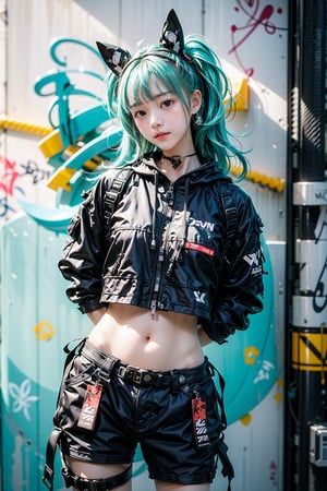 Photorealistic:1.2,Hyperdetailed, solo, urban techwear outfit, (graffiti:1.5), paint splatter, arms behind back, against wall, looking at viewer, armband, thigh strap, paint on body, head tilt, bored, multicolored hair, aqua eyes, headset,urban techwear,high_res, 1girl, most beautiful korean girl, Korean beauty model, idol face, gorgeous girl, 18yo, over sized eyes, big eyes, smiling, looking at viewer