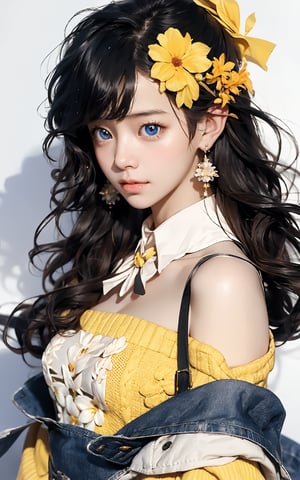 Masterpiece, best quality, official art, highly realistic, (masterpiece), (best quality), (1 girl), black big eyes, bangs, (powder blusher), shoulder length hair, yellow hair, flower hair clips, (blue sweater, shirt collar), small chest, pink shoulder bag, Upper body close-up with white background,Daofa Rune,Fashion Style, 