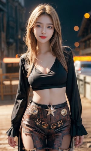 (masterpiece), best quality:1.2, high_res, soft lines and shapes, niji, 1girl, most beautiful korean girl, Korean beauty model, stunningly beautiful girl, gorgeous girl, over sized eyes, big eyes, smiling, looking at viewer, ((Cowboy Shot: 1.5)), short layered hairstyle, super cute blond woman in a dark theme, bokeh, depth of field, urban, city, outdoors,masterpiece