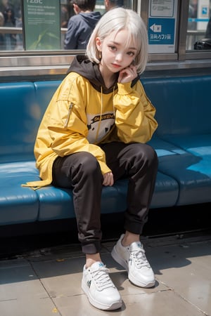 yellow_jacket, 1girl,  oversized_clothes , white_hair , sneakers , sitting inside a subway,Realism