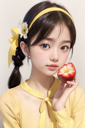 best quality, masterpiece, aesthetic, 1girl, artist name, bangs, black hair, blush, brown hair, cowboy shot, 
dated, flower, food, fruit, holding, leaf, lemon, lemon slice, long sleeves, looking at viewer, neck ribbon, 
plant, ribbon, short hair, signature, simple background, solo, upper body, white background, yellow flower, 
yellow ribbon, yellow shirt, yellow theme, skirt, shirt, twintails, hairband, puffy sleeves, black skirt, white flower, 
short twintails, puffy long sleeves, covered mouth, holding flower, ,Exquisite face,masterpiece