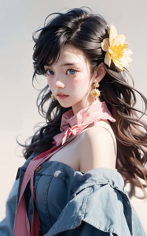 Masterpiece, best quality, official art, highly realistic, (masterpiece), (best quality), (1 girl), black big eyes, bangs, (powder blusher), shoulder length hair, yellow hair, flower hair clips, (blue sweater, shirt collar), small chest, pink shoulder bag, Upper body close-up with white background,Daofa Rune,Fashion Style, 