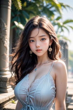background is Angkor Wat,ancient temple,Tetrameles,jungle,ruins,Ta Prohm Temple Trees,gigantic tree, 18 yo, 1 girl, over sized eyes, big eyes, beautiful korean girl, wearing blue simple summer dress(strap,flower pattern), happy smile, cloth blowing by wind, solo, {beautiful and detailed eyes}, dark eyes, calm expression, delicate facial features, ((model pose)), Glamor body type, (dark hair:1.2),very_long_hair, hair past hip,curly hair,bangs, simple tiny necklace,simple tiny earrings, flim grain, realhands, masterpiece, Best Quality, 16k, photorealistic, ultra-detailed, finely detailed, high resolution, perfect dynamic composition, beautiful detailed eyes, eye smile, ((nervous and embarrassed)), sharp-focus, full_body, cowboy_shot, midjourney