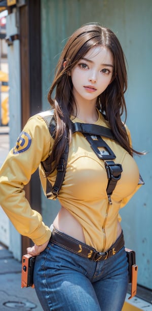 (Teen girl:1.3), (caucasian girl:1.3), ((extremely beautiful and sexy girl)), (godess hot girl), hand on hip, looking at viewer, cowboy shot, ((Tracer (overwatch))), aahana, (orange-colored eye shield), shoulder pads, (upper body is brown jacket, lower body is yellow bodysuit), long sleeves, (black gloves), very short brown hair, brown eyes, looking at viewer, freckles, smile, (cheeky), blushed, parted lips, (glossy lips:1.3), (gigantic breasts:1.3), wide hips, well sunlit, (masterpiece:1.5), (intricate details), best quality, (high resolution), (unity 8k wallpaper), (illustration:0.8), (extremely detailed face), (perfect lighting), (extremely detailed CG), ((perfect hands, perfect anatomy)), ,Breast Expansion, ,bound,Realism