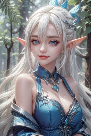 masterpiece, beautiful elf girl, white hair, blue eyes, cute smile, in forest,miya_ma,Realism