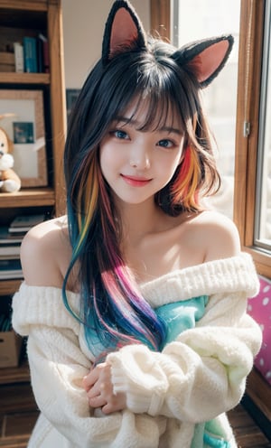 (best quality, masterpiece), most beautiful korean girl, Korean beauty model, stunningly beautiful girl, gorgeous girl, over sized eyes, big eyes, smiling, looking at viewer, off shoulder, (multicolored hair:1.3), clutter girl's lovely room, hugging stuffed animal, fluffy hoodie with animal ears