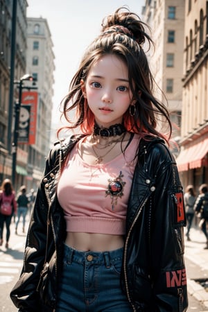 1girl, most beautiful korean girl, Korean beauty model, stunningly beautiful girl, gorgeous girl, 20yo, over sized eyes, big eyes, smiling, looking at viewer, dark gothic cyberpunk woman, defiant face, pastel colors, in clothes, colorful hair, light yellow sweatshirt, pants, black, with pink, guns hd, high detail, huoshen, TheLastOfUs, mgln
