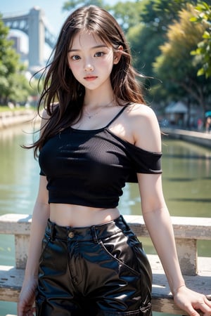 1girl, most beautiful korean girl, Korean beauty model, stunningly beautiful girl, gorgeous girl, over sized eyes, big eyes, looking at viewer, high school student,18 yo, long hair, curly hair, wearing short top(black, strap) and black cargo pants,she is walking riverside(river, bridge,trees) with a dog, happy smile, Best Quality, 32k, photorealistic, ultra-detailed, finely detailed, high resolution, perfect dynamic composition, beautiful detailed eyes, sharp-focus, cowboy shot,masterpiece