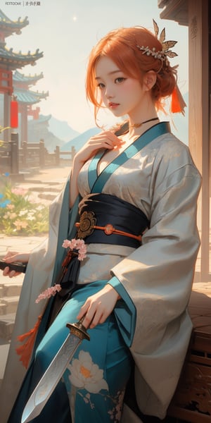 raw photo, full body shot, waist up to head, extremely beautiful 18 years old caucasian woman with ginger hair, chinese goddess on a cloud, Hecate, (((her head is fully visible))), (((distant shot))), ((unzoom)), in an intricate fluttering pastel orange-blue hanfu, a beautiful decoration on her head, detailed face, detailed skin, holdig an ancient chinese sword, art by Alphonse Mucha, front, background magical garden in chinese heaven, cover, unzoom, choker, hyperdetailed painting, luminism, Bar lighting, complex, 4k resolution concept art portrait by Greg Rutkowski, Artgerm, WLOP, Alphonse Mucha, little fusion pojatti realistic goth, fractal isometrics details bioluminescens : a stunning realistic photograph 30 years, use Alchemy beta 2D image pipeline from Leonardo.Ai to enhance the image, prompt magic,1 girl,yoimiyadef,weapon, mandala, zentangle,Blender,kamisato_ayaka,Realism