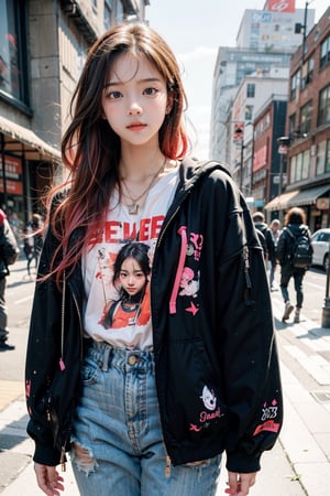 1girl, most beautiful korean girl, Korean beauty model, stunningly beautiful girl, gorgeous girl, 20yo, over sized eyes, big eyes, smiling, looking at viewer, dark gothic cyberpunk woman, defiant face, pastel colors, in clothes, colorful hair, light yellow sweatshirt, pants, black, with pink, guns hd, high detail, huoshen, TheLastOfUs, mgln,masterpiece