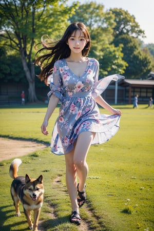 masutepiece, Best Quality, Ultra-detailed, finely detail, hight resolution, 8K Wallpaper, Perfect dynamic composition, Natural Color Lip,(Wearing a floral-patterned dress :1.3),(Longhair:1.3),drawn action: (the girl must be happily running around the field with a Shiba Inu,basking in the evening sun:1.4),I want to convey the happily atmosphere,(The wind blows her long hair:1.4), big eyes, beautiful korean girl, looking at viewer, 20 years girl,(smile:1.3),full body shot,colorful_girl_v2,masterpiece