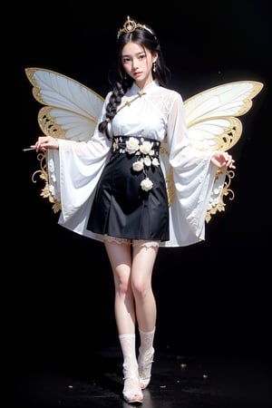 Gloves, Single, Braid, White Gloves, Wings, Fairy, Single, Flower, Fairy Wings, Long Hair, Hair Accessories, Hair Flower, White Dress, Butterfly Wings, Single, Skirt, Socks, Shoes, Brown Hair, Pleated Skirt, Knee Length, Sweater Bottoms, Watching the Audience, Black Shoes, White Socks, Full Length, Realistic, Long Sleeves, Brown Eyes, Mini Dress, Lips, Medium Hair, Bangs masterpiece, (best quality), Amazing, beautiful detailed eyes,((((1girl)))), finely detailed, Depth of field, extremely detailed CG unity 8k wallpaper,(((((full body))))),(((cute animal face))), (((a girl wears Clothes Black and white Taoist robes))),((Extremely gorgeous magic style)),((((gold and silver lace)))),(((flowing lace))),(((flowing ((black)) and white background))),(((((gorgeous detailed eyes))))),(((((((gorgeous detail face))))))),((floating hair)),(((Pick and dye black hair in white hair))),(((flowing transparent black))),(((flowing transparent white))),(((((ink))))),((((small breast)))),(((extremely detailed gorgeous tiara))),(((black and white hair))),((black hair stick)),((white hair ornament)),((gold gorgeous necklace)),((flowing hair)),(((The picture fills the canvas))),((The character is in the center of the frame)),(((flowing))),((bright pupils)),((((melt)))),(((((black and white melt))))),asian,Realism