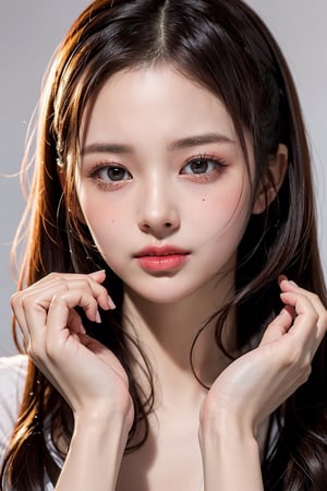 beautiful Korean 20yo girl, idol face, gorgeous girl, {beautiful and detailed eyes}, {normal limbs and fingers}, ((accurate hands without incongruity)), Golden ratio, perfect body ratio, The face of a young actress in korea, high details, High quality, beauty face, perfect face,  
beautiful accurate face (eyes, nose and mouth), medium_breasts, Detailed face, Detailed eyes, perfect foot, perfect hand, perfect fingers, Clean facial skin, slim and perfect body, Glamor body type, hips up, film grain, realhands, looking at viewer, cute:3.0, sohee,Realism