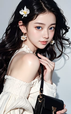 Masterpiece, best quality, official art, highly realistic, (masterpiece), (best quality), (1girl, most beautiful korean girl, Korean beauty model, stunningly beautiful girl, gorgeous girl, 20yo, over sized eyes, big eyes, smiling, looking at viewer), black big eyes, bangs, (powder blusher), shoulder length hair, yellow hair, flower hair clips, (blue sweater, shirt collar), small chest, pink shoulder bag, Upper body close-up with white background,Daofa Rune,Fashion Style, ,masterpiece