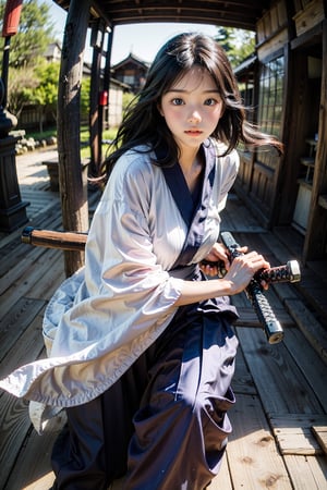 masterpiece, best quality, ultra realistic illustration, 16K, (HDR), high resolution, female_solo, slender hot body proportion, looking at viewer, over sized eyes, big eyes, beautiful korean girl, stunningly beautiful girl, gorgeous girl, an extremely cute and beautiful girl, highly detailed beautiful face and eyes, 1 female samurai , full body, holding sword katana+battoujutsu, (wearing highly detailed red haori+hakama skirt), full-body shot, (white long hair:1.0), (green eyes:1.0), highly detailed background of ancient Japan architecture, add More Detail,Enhance,chinatsumura,chinkstyle,wgz_style