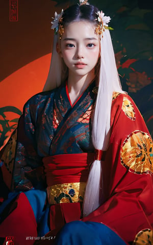 Best picture quality, high resolution, 16k, realistic, sharp focus, extreme picture quality, detailed face + eyes, casual pose, elegant, casual facial expression, realistic image of an elegant lady, no hair accessories, dark eyes, fractal art, bright colors, Korean beauty supermodel, pure white hair mixed with colorful hair tails, wearing Hanfu, wearing high-heeled sandals, radiant, perfectly customized gorgeous floral embroidery pattern suit, custom design, 1girl, most beautiful korean girl, Korean beauty model, idol face, gorgeous girl, an extremely cute and beautiful girl, highly detailed beautiful face and eyes, over sized eyes, big eyes, smiling, 18 year old gravure model, perfect body, looking at viewer, tense, floral print, 1girl, CLOUD