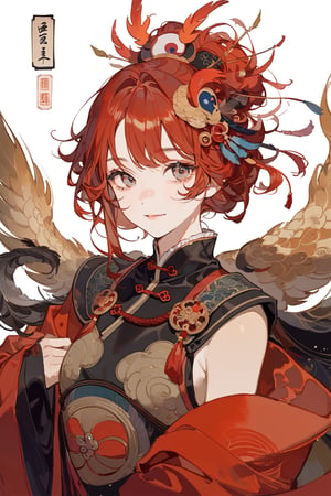 masterpiece, best quality, aethetic,warrior,Chinese Zodiac,Chinese style,a outgoing girl,Torso shot,feather hair ornament,colored feathers,phoenix,red hair, 1 girl, most beautiful korean girl, stunningly beautiful girl, gorgeous girl, 20yo, over sized eyes, big eyes, smiling,