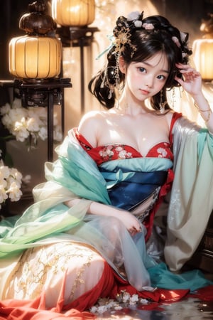 1 girl, beautiful korean girl, looking at viewer, over sized eyes, big eyes, smiling, (masterpiece, top quality, best quality, official art, beautiful and aesthetic:1.2), (1girl), extreme detailed,(abstract, fractal art:1.3),highest detailed, detailed_eyes, light_particles, hanfu,jewelry, sexy, ,red,masterpiece