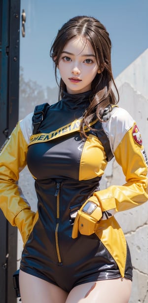 (Teen girl:1.3), (caucasian girl:1.3), ((extremely beautiful and sexy girl)), (godess hot girl), hand on hip, looking at viewer, cowboy shot, ((Tracer (overwatch))), aahana, (orange-colored eye shield), shoulder pads, (upper body is brown jacket, lower body is yellow bodysuit), long sleeves, (black gloves), very short brown hair, brown eyes, looking at viewer, freckles, smile, (cheeky), blushed, parted lips, (glossy lips:1.3), (gigantic breasts:1.3), wide hips, well sunlit, (masterpiece:1.5), (intricate details), best quality, (high resolution), (unity 8k wallpaper), (illustration:0.8), (extremely detailed face), (perfect lighting), (extremely detailed CG), ((perfect hands, perfect anatomy)), ,Breast Expansion, ,bound,Realism,Portrait