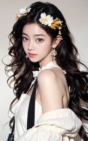 Masterpiece, best quality, official art, highly realistic, (masterpiece), (best quality), (1girl, most beautiful korean girl, Korean beauty model, stunningly beautiful girl, gorgeous girl, 20yo, over sized eyes, big eyes, smiling, looking at viewer), black big eyes, bangs, (powder blusher), shoulder length hair, yellow hair, flower hair clips, (blue sweater, shirt collar), small chest, pink shoulder bag, Upper body close-up with white background,Daofa Rune,Fashion Style, ,masterpiece
