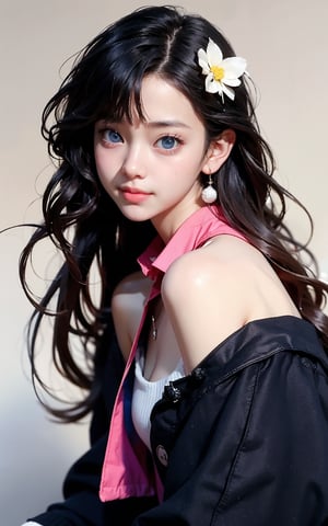 Masterpiece, best quality, official art, highly realistic, (masterpiece), (best quality), (1girl, most beautiful korean girl, Korean beauty model, stunningly beautiful girl, gorgeous girl, 20yo, over sized eyes, big eyes, smiling, looking at viewer), black big eyes, bangs, (powder blusher), shoulder length hair, yellow hair, flower hair clips, (blue sweater, shirt collar), small chest, pink shoulder bag, Upper body close-up with white background,Daofa Rune,Fashion Style, ,masterpiece