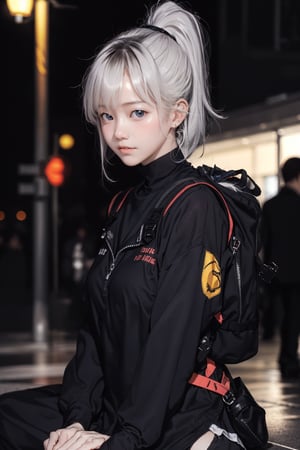 (masterpiece:1.2, best quality), realistic, (real picture, intricate details, depth of field), close up, Edgy girl, dark orange jacket, techwear, camera, backpack, white sneaker, platinum blonde hair color, ponytail, dramatic makeup, piecing, sitting outside of a convenience store, looking at the street, outdoor, ((nighttime, dark city)), neon signs, individuality, authenticity, creative expression,hongkong 80s,Realism