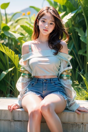 1 girl, most beautiful korean girl, Korean beauty model, idol face, gorgeous girl, an extremely cute and beautiful girl, highly detailed beautiful face and eyes, over sized eyes, big eyes, smiling, 18yo, looking at viewer, solo, long hair, (white full sleeve top), (green Off the shoulder jacket), (low rise shorts), sneakers, Confidence and pride,beauty,Young beauty spirit, realistic, ultra detailed, photo shoot, raw photo,white_background,masterpiece