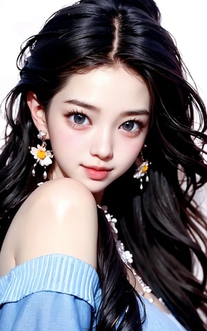 Masterpiece, best quality, official art, highly realistic, (masterpiece), (best quality), (1girl, most beautiful korean girl, Korean beauty model, stunningly beautiful girl, gorgeous girl, 20yo, over sized eyes, big eyes, smiling, looking at viewer), black big eyes, bangs, (powder blusher), shoulder length hair, yellow hair, flower hair clips, (blue sweater, shirt collar), small chest, pink shoulder bag, Upper body close-up with white background,Daofa Rune,Fashion Style, 